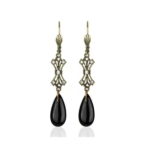 Anne Koplik Filigree Black Glass Teardrop Earrings