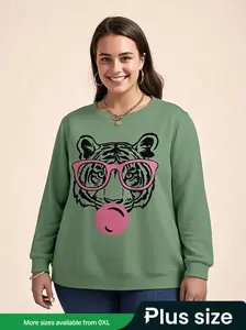 Plus Size Women's Tiger Print Long Sleeve T-Shirt, Casual Loose-Fit Leopard Pattern Top, Fall & Winter Fashion, Comfortable Knit Fabric