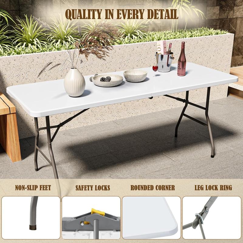 6FT Folding Table for Indoor Outdoor Portable Heavy Duty Fold-in-Half Plastic Dining Picnic Party Camping Table with Carrying Handle