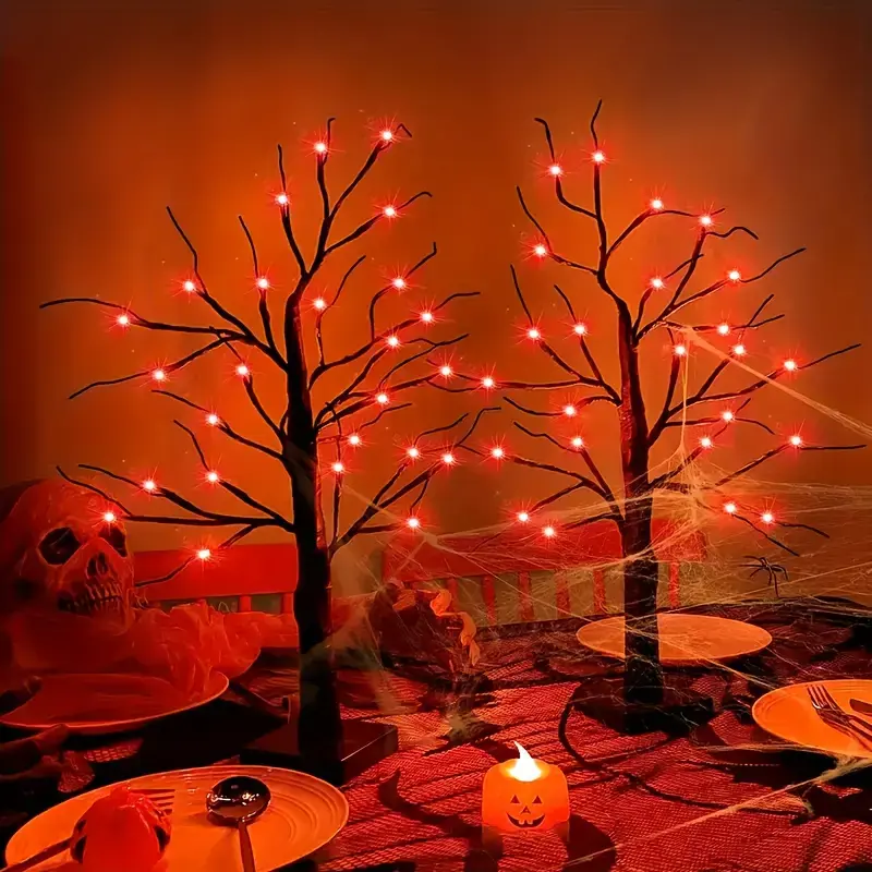 2-Pack 24-Inch Black Halloween Tabletop Tree Lights, 24-LED Orange Glow, USB & Battery Dual Power (Batteries Not Included), Indoor Fall Mantel & Entryway Decorative Lights