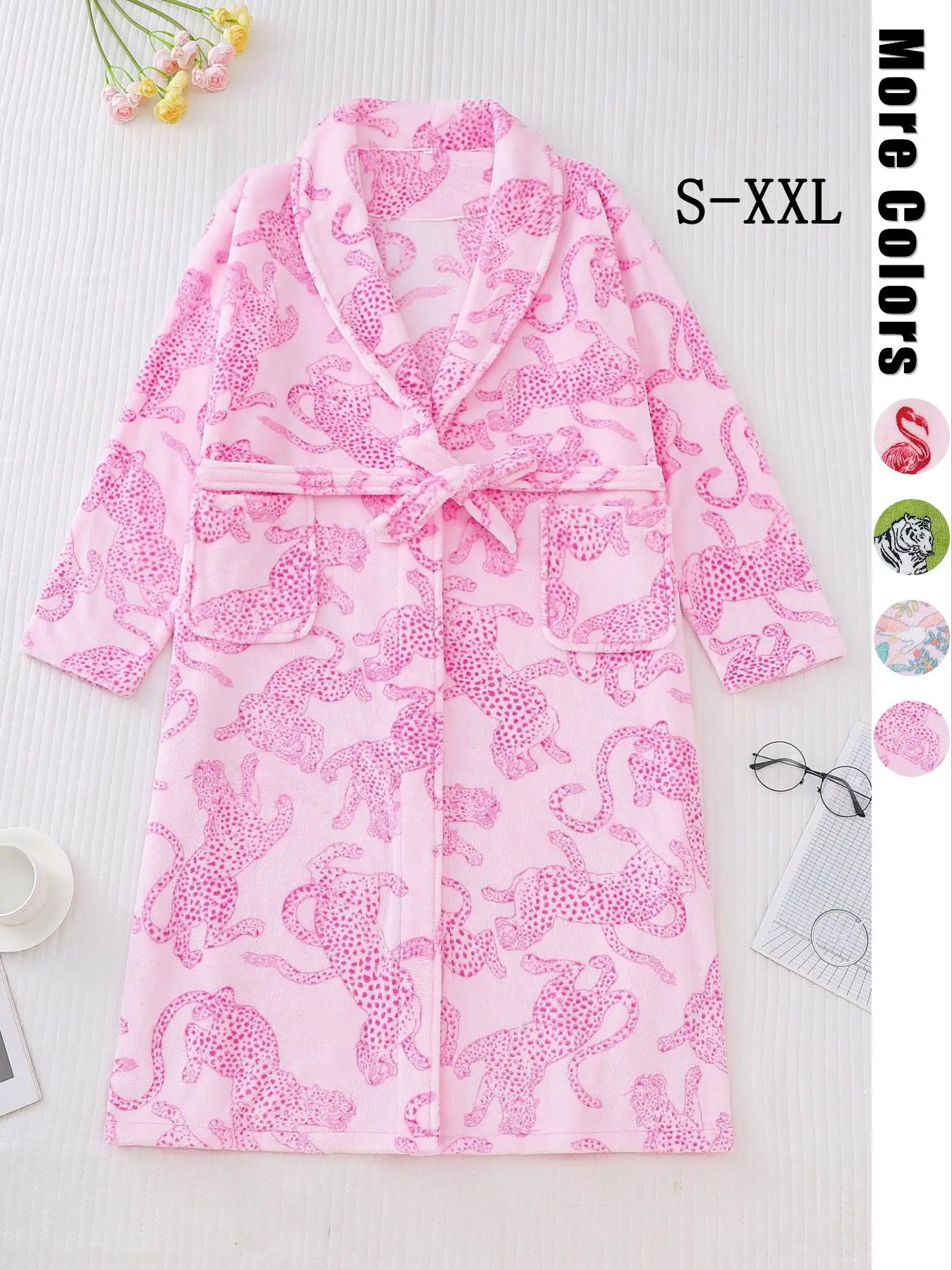 Women's Animal Print Pocket Belted Lounge Robe, Casual Long Sleeve Shawl Collar Dressing Gown, Ladies Sleepwear for Fall & Winter