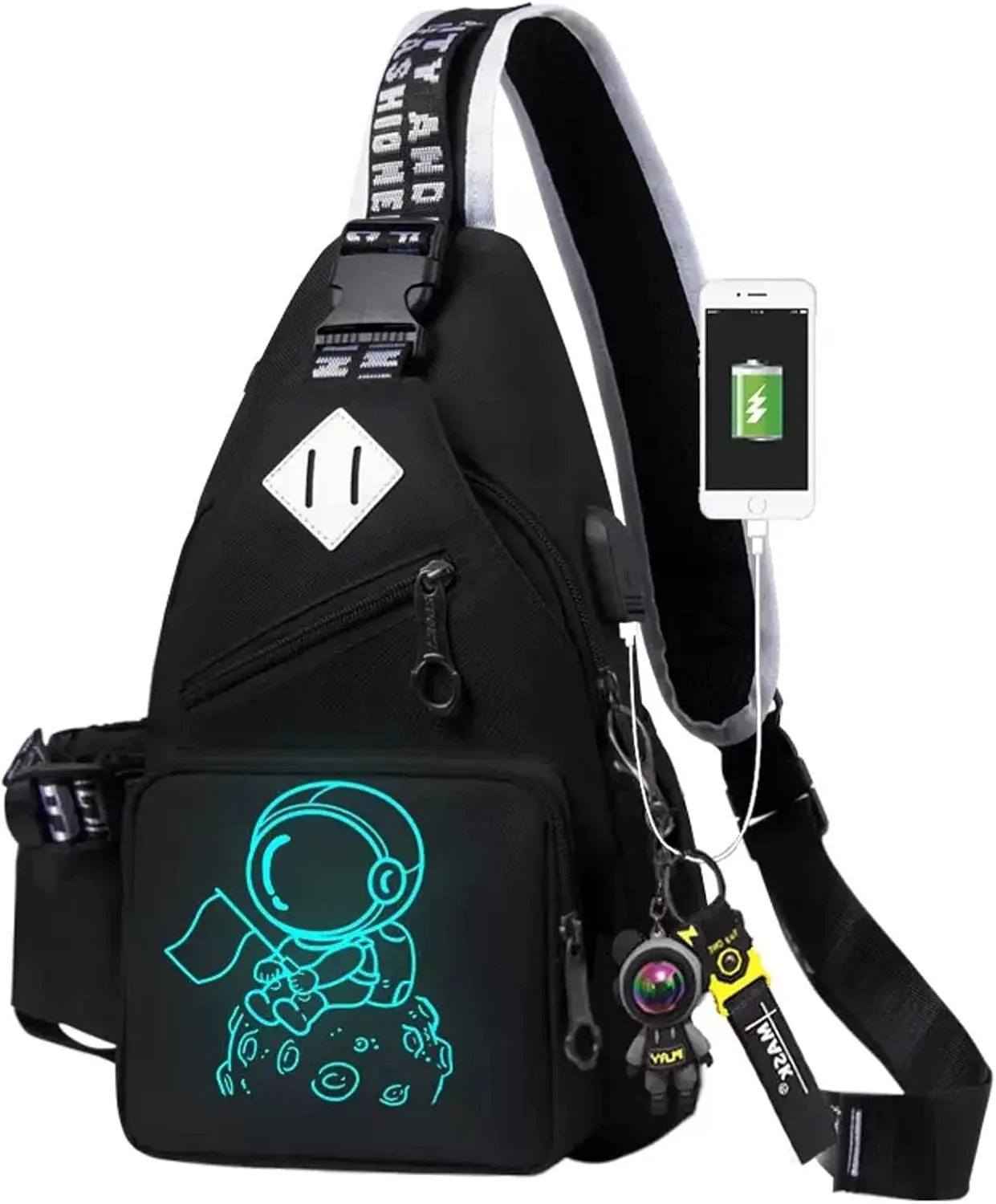 Astronaut Crossbody Sling Backpack For Men Anime Fashion One-Shoulder Bag Cartoon Luminous Pattern Backpack (Mars)