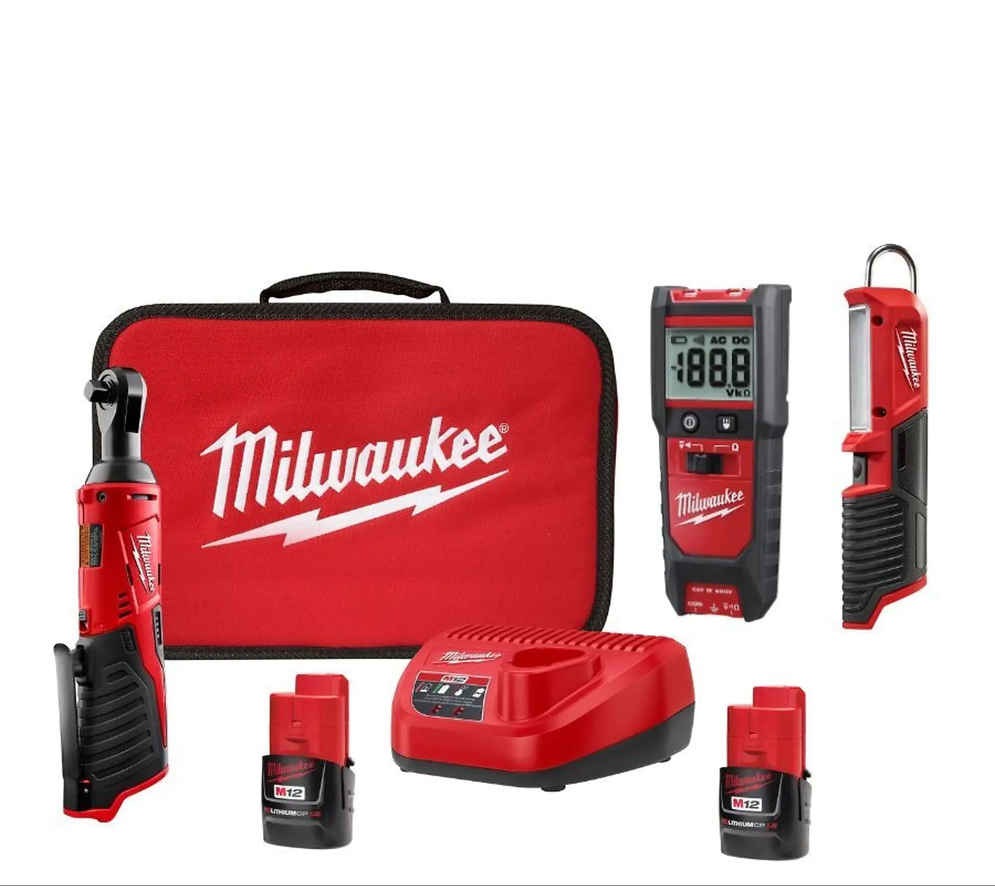 Milwaukee 2457-21NTE M12 12v 3/8in. Ratchet Set - 3/8in. Ratchet, LED Light Stick, Tester, 2 Batteries, Battery Charger, Belt Clip, Auto Voltage Tester