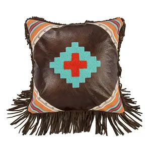 Serape Faux Leather Throw Pillow w/ Aztec Embroidery
