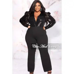 Available Online Only - Final Sale Plus Size Faux Flat Sequin Jumpsuit in Black