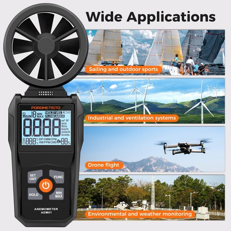 POROMETISTO AEM01 Digital Anemometer 0.8~40m/s Wind Speed Meter Handheld Humidity Air Velocity Airflow -20~60°C Temperature Test