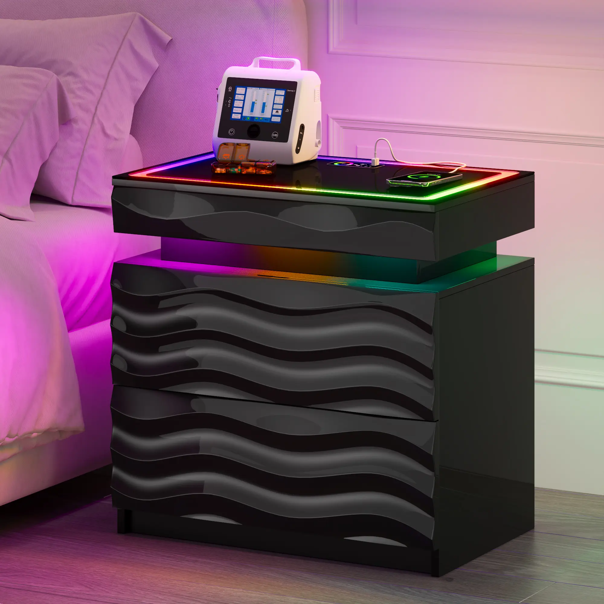 Dystler LED Night Stand with Charging Station & Tempered Glass Top, 3 Drawers, Smart RGB Human Sensor Lights, Gun Safe Hidden Storage with Lock, Modern Bedside Table For Bedroom, Living Room