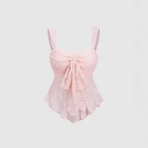 Elegant Lace Camisole for Women, French Style Floral Jacquard Sleeveless Top with Big Bow, Sweet Coquette Aesthetic Summer Peplum Tank Top