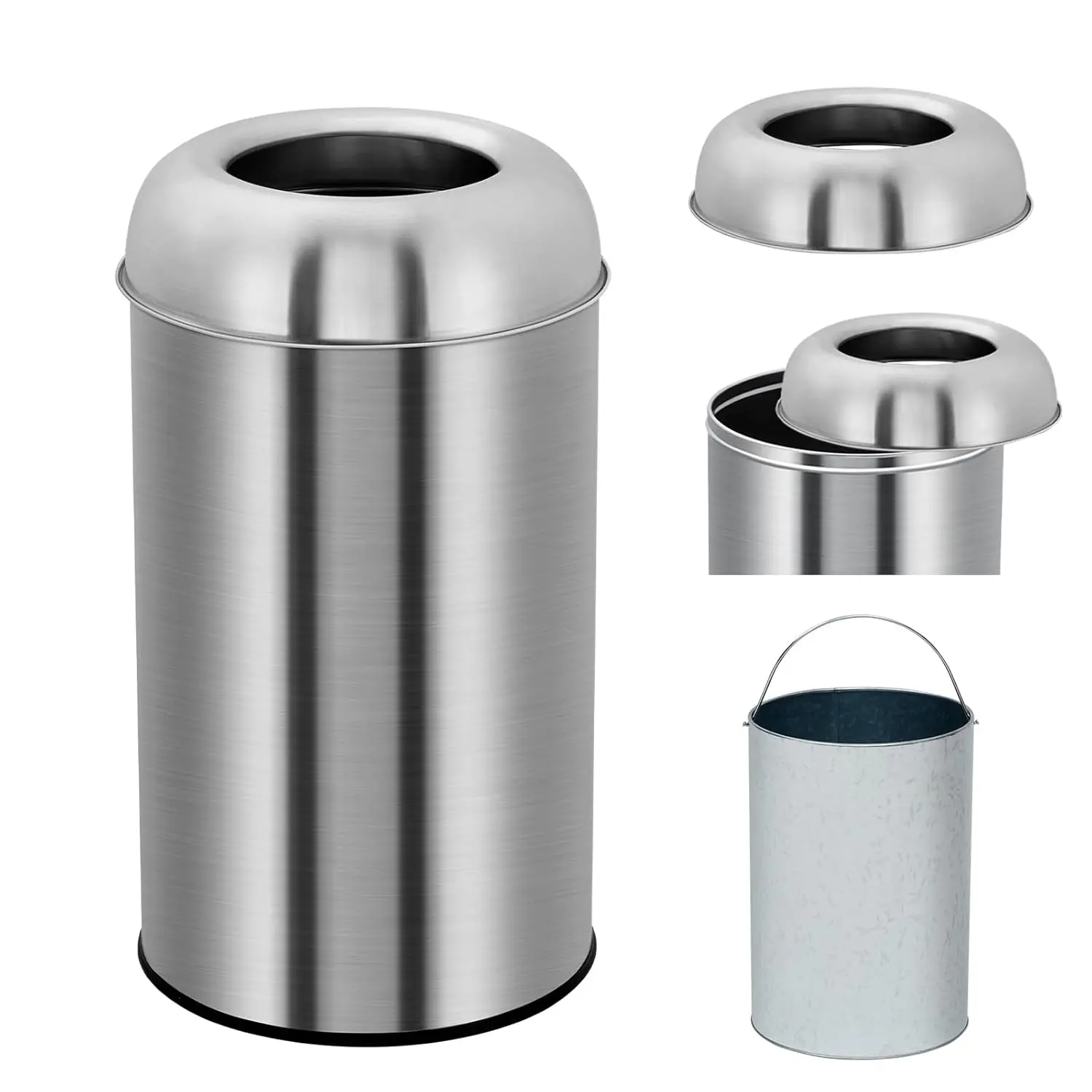 70L (18.5 Gal) Metal Round Shaped Ultra-Wide Top Opening Trash Can, Large Indoor-Outdoor Bin with Removable Bucket for Easy Bag Changes, Commercial Container for Home, Office Cleaning