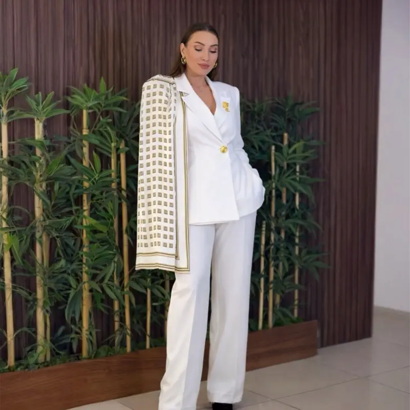 Women's White 2-Piece Fitted Blazer Pants Set - Stretchy Short-Sleeve, Lightweight Chic Fabric, Gold Metal Buttons, Matching Vest, Classic Ready-to-Wear, Work Casual Fashion Set, Gifts for Women, Mix Or Match Set