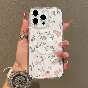 Trendy Magnetic Case for iPhone11/12/13/14/15/16/17/promax, Dainty Pink Florals Ultra Slim, MagSafe Support, Shockproof | Playful & Fun Style
