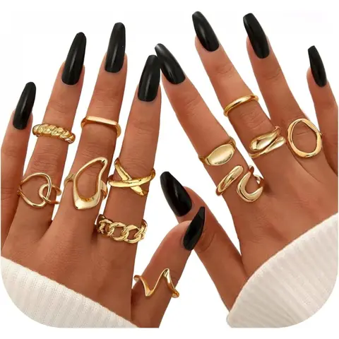 THUNARAZ 12-Piece 16K Gold-Plated Unisex Twisted Round Open Signet Rings - Adjustable Fit, Stacking Gold Ring, Stack, Bold Look, Daily Wear, Size 6-7, Gift-Ready Elegant Christmas Gifts