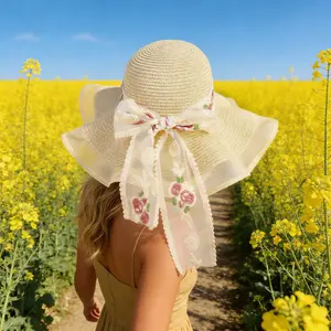 Premium Vintage Straw Sun Hat with Embroidery & Lace Bow – Extra-Wide Brim for Maximum UV Protection, Breathable Woven Texture, Elegant Retro Details Perfect for Casual Days, Weddings & Special Occasions
