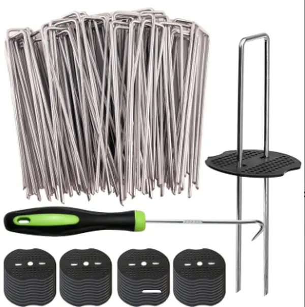 50pcs Garden Stakes Staples+50pcs Gasket, 6Inch 11 Gauge Galvanized Landscape Staples, Lawn Spikes,Heavy Duty Yard Ground Pin for Grass Weed Barrier Sod Fabric,Cover,Fence
