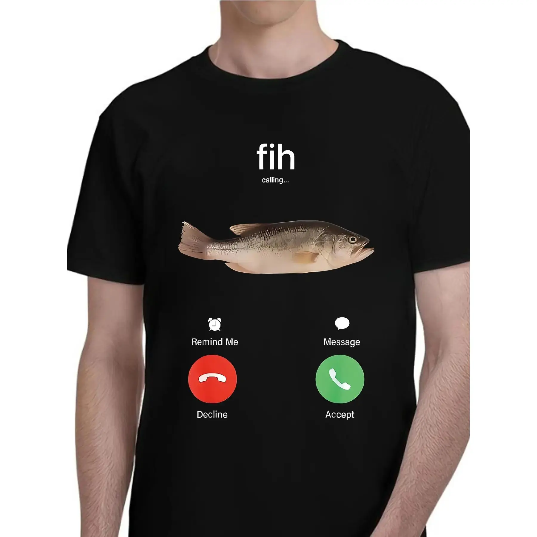 Men's Fitted 'Fih Calling' Graphic T-Shirt, Soft Cotton Crew Neck Long-Length Top for Outdoors & Casual Fishing, Round Neck