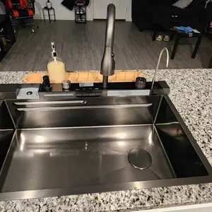 Bronstarz 33x22 INCH Nano Black Flying Rain Drop In Waterfall Sink Household Sink,Integrated Sink with LED Light Piano Pull-Out Tap Set Accessories Included