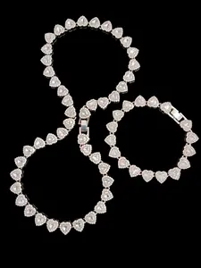 2Pieces/Set 10mm Love Heart Shape Chain Necklace and Bracelet Men or Women Hip Hop Iced Out Bling Bling Chain Necklace and Bracelet Fashion Set Jewelry Valentines Gift Fashionable Jewelry Set