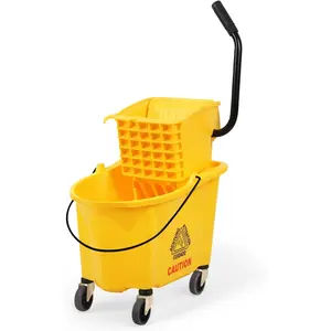 Commercial Mop Bucket with Wringer  Wheels, Heavy Duty Industrial Mop Bucket and Wringer, Side-Press Bucket with Wringer Set for  Office Restaurant Business, 35-Quart - Yellow