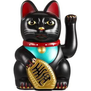 6 Inch Lucky Cat Waving Arm Maneki Neko Lucky Beckoning Feng Shui Wealth Cat for Welcoming Fortune Wealth Prosperity Decoration, Battery Not Included(Black Color)