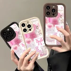 Jesus Pattern Heart Pink Bow Girly Phone Cases for iPhone  17 16 Pro Max 15 14 Plus 13 12 11 Smartphone Protective Cover Shockproof Casing