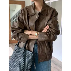 Women’s Faux Leather Jacket, Vintage Biker Coat, Loose Short Design, Casual Street Style, Zipper Closure, Fall Fashion Essential