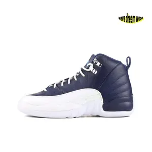 Navy Blue and White High-Top Retro Basketball Shoes with Smooth Leather and White Midsole Upper, Silver Metallic Lace Locks