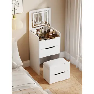 Modern Makeup Vanity Set with Lighted Mirror & Storage Drawers Sleek Solid Wood Design for Versatile Usage in Bedroom or Bathroom Minimalist Beauty Tools Organizer - Organized