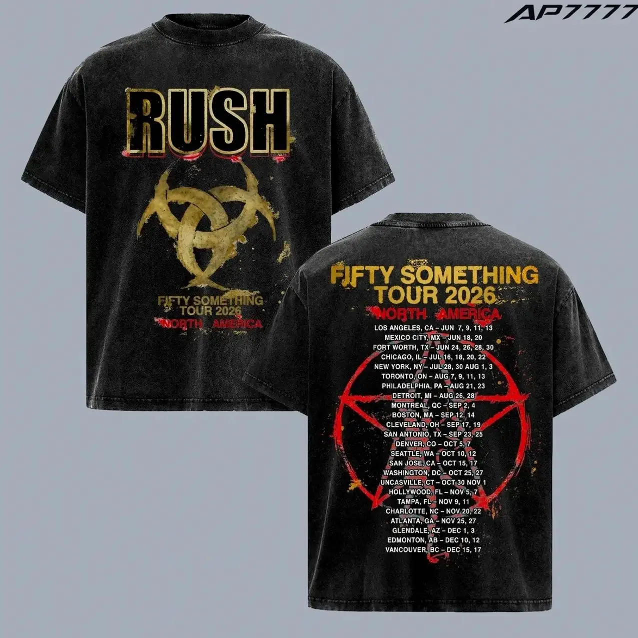 Rush Fifty Something Tour 2026 Washed Shirt, Vintage Graphic Tee Double Sided Concert Merch North America Tour Dates Pentagram Design Oversized Streetwear Unisex Rock Fan Gift Summer Outfit, Gift for Girlfriend