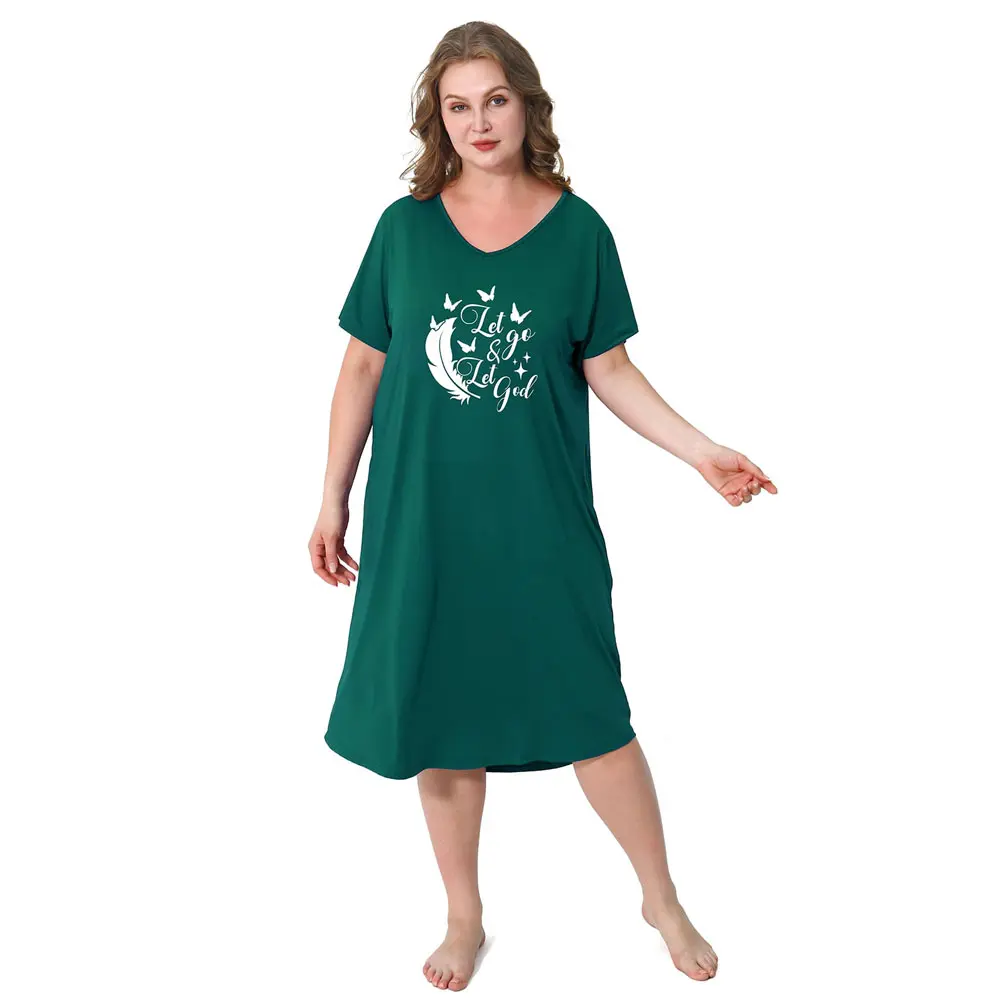 Women's Plus Size V Neck Nightgown – Short Sleeve Loose Sleep Dress Casual Loungewear Womenswear