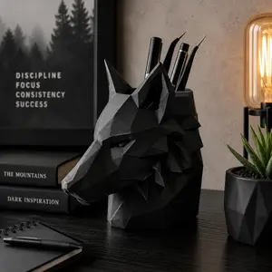 Black Geometric Wolf Pen Holder – Gothic Desk Organizer | 3D Printed Office Decor