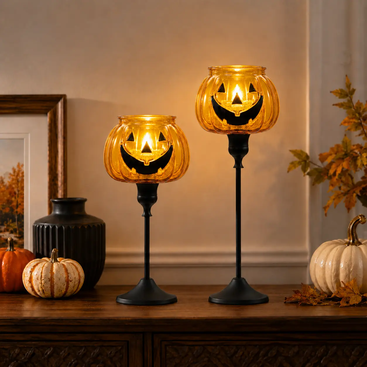Halloween Decorations Indoor, 2 Pack Amber Glass Pumpkin Candle Holders with Remote Flameless Candles, Jack O Lantern Tealight Votive Holders on Black Metal Stands, Fall Table Centerpiece Decor