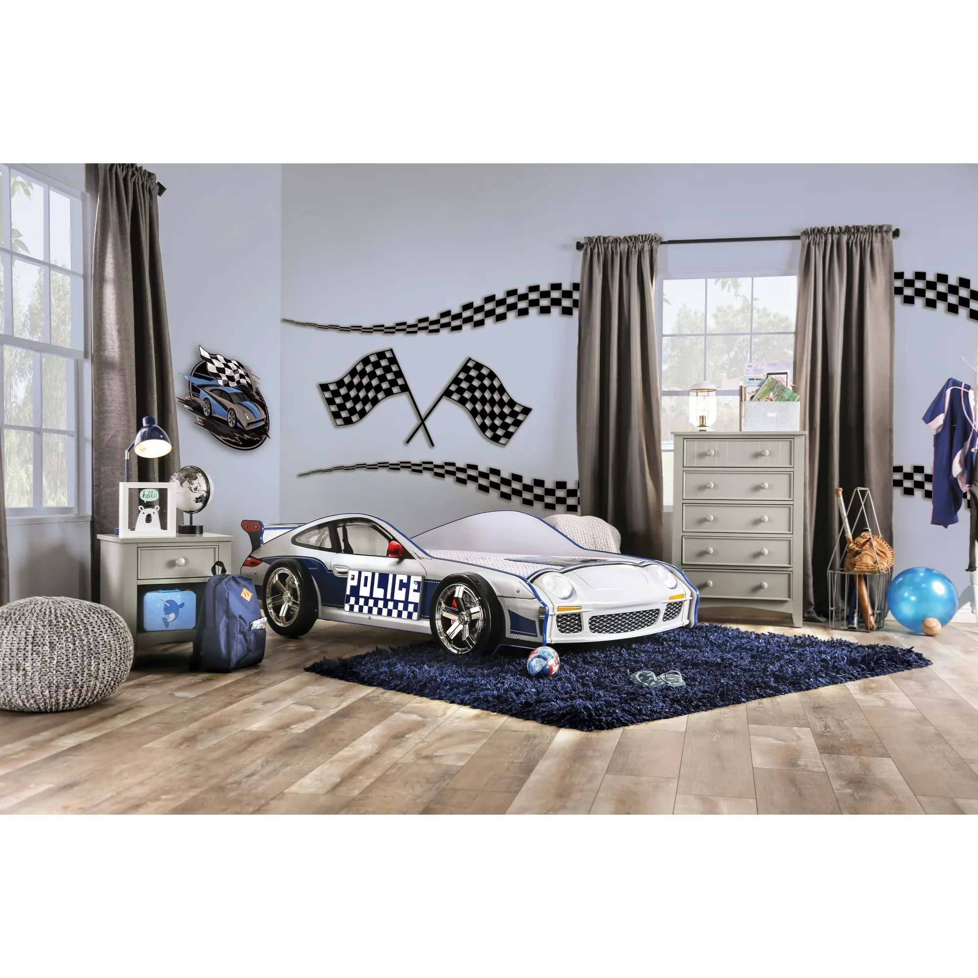 FOA Poe Twin Race Car Bed for Kids, 90x45.5" Turbo Squad Novelty Bed with LED Lights, Wheels, Metal Supports & High-Gloss Blue and White Finish