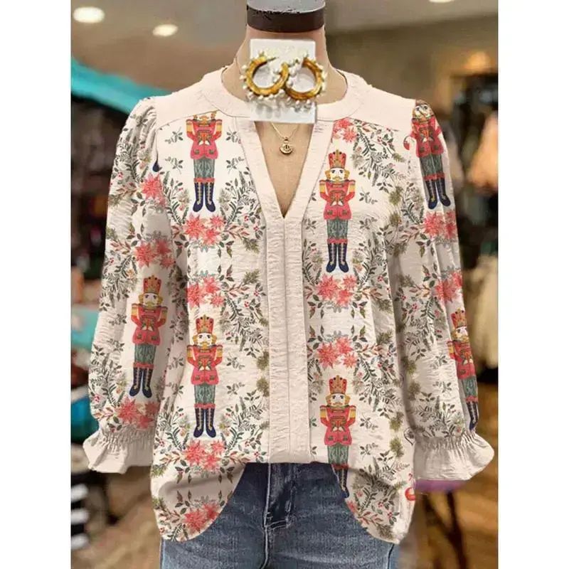 Nutcracker Print V-Neck Blouse ?C Festive Colorblock Shirt With Holiday Toy Soldier Pattern & Floral Accents Womenswear Tops length sleeve Nutcracker Print V-Neck Blouse ?C Festive Colorblock Shirt With Holiday Toy Soldier Pattern & Floral Accents Womenswear Tops length sleeve