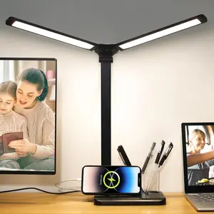 Touch Control LED Desk Lamp, Table Lamp with 5 Color Modes Dimmable Brightness for  Office, Dual Swing Arm USB  Port Desk Light, Eye-Caring Reading Light with Pen Holder, Black