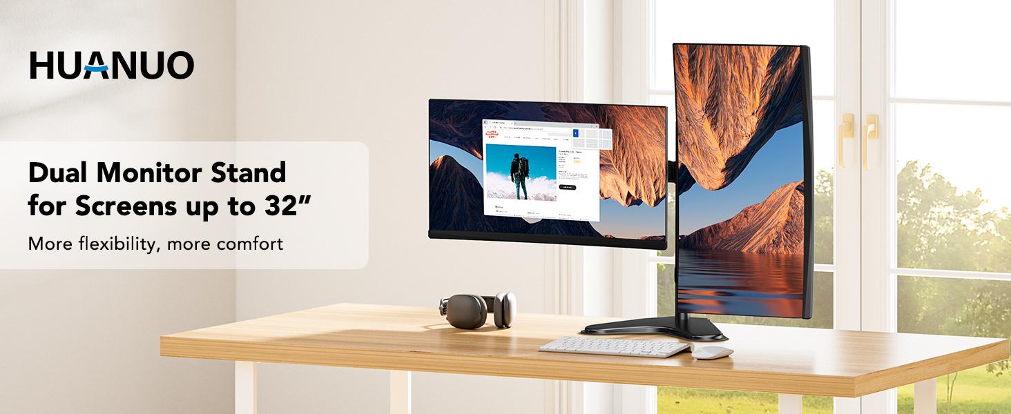 HUANUO 32 inches Dual Monitor Stand up to 17.6lbs per Arm, High-Grade Aluminum Free Standing Dual Monitors Mount for 2 Screens. Fully Adjustable Dual Monitor Stand for Desk with Tilt, Swivel, Rotation