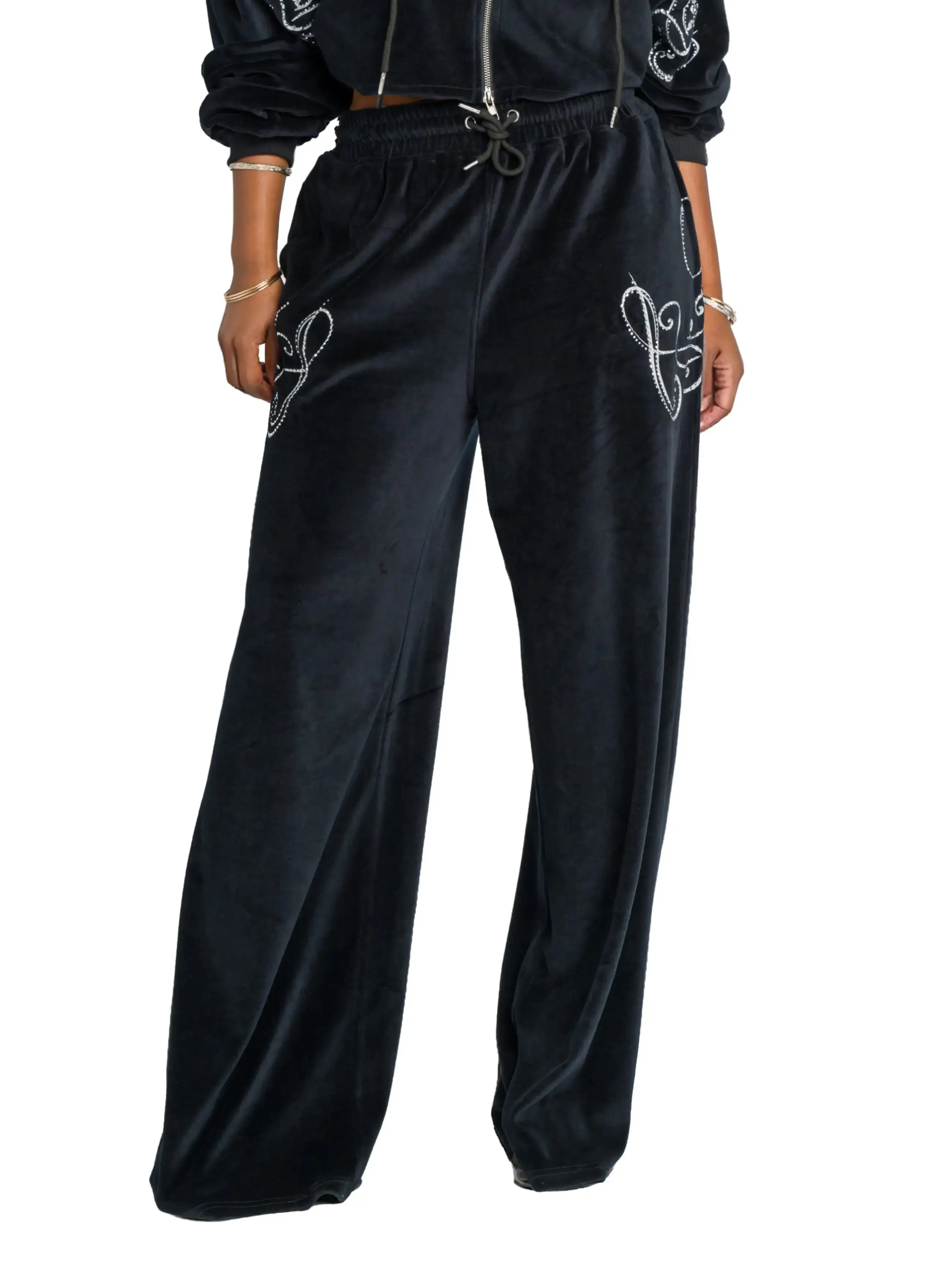 Apple Bottoms Velour Wide Leg Track Pants, Black, Womenswear