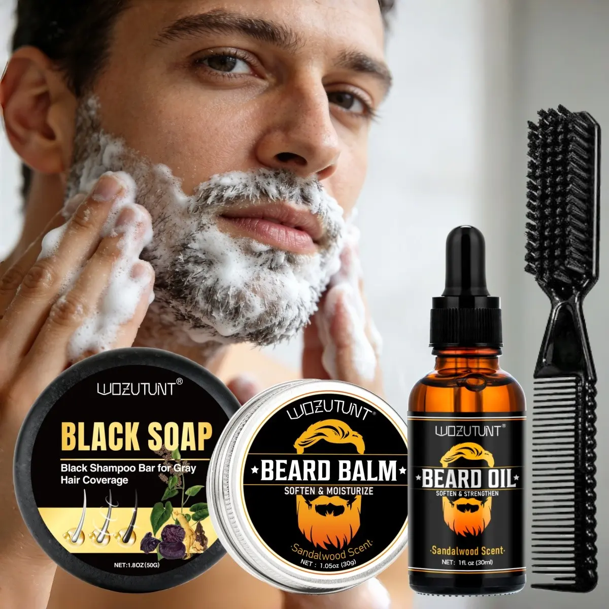 4-Piece Beard Dye Kit Beard Grooming Kit Suitable for Beards, Covering & Color Restoration, Shampoo Bar, Sandalwood Beard Balm, Beard Oil, Moisturizing Root Care Beard Care Set