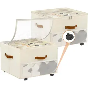 Shoe Organizer for Closet with Wheels,Foldable Shoe Organizer Box Dividers 2 Pack,Stackable Shoe Box with Clear Cover,Closet Shoe Organizer Fits up to 16-32 Pairs, Beige