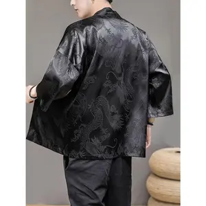 3/4 Silk Mens Kimono Cardigan Traditional Dragon Shirt with Open Front and Stain Yukata