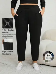 Plus Size Solid Plicated Pocket Elastic Waist Joggers, Casual Sporty High Waist Trousers for Women, Women's Sportswear for Indoor Outdoor Wear, Women Workout Clothes, Fitness Trousers