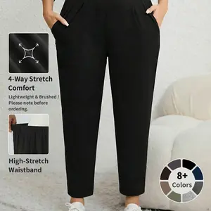 Plus Size Solid Plicated Pocket Elastic Waist Joggers, Casual Sporty High Waist Trousers for Women, Women's Sportswear for Indoor Outdoor Wear, Women Workout Clothes