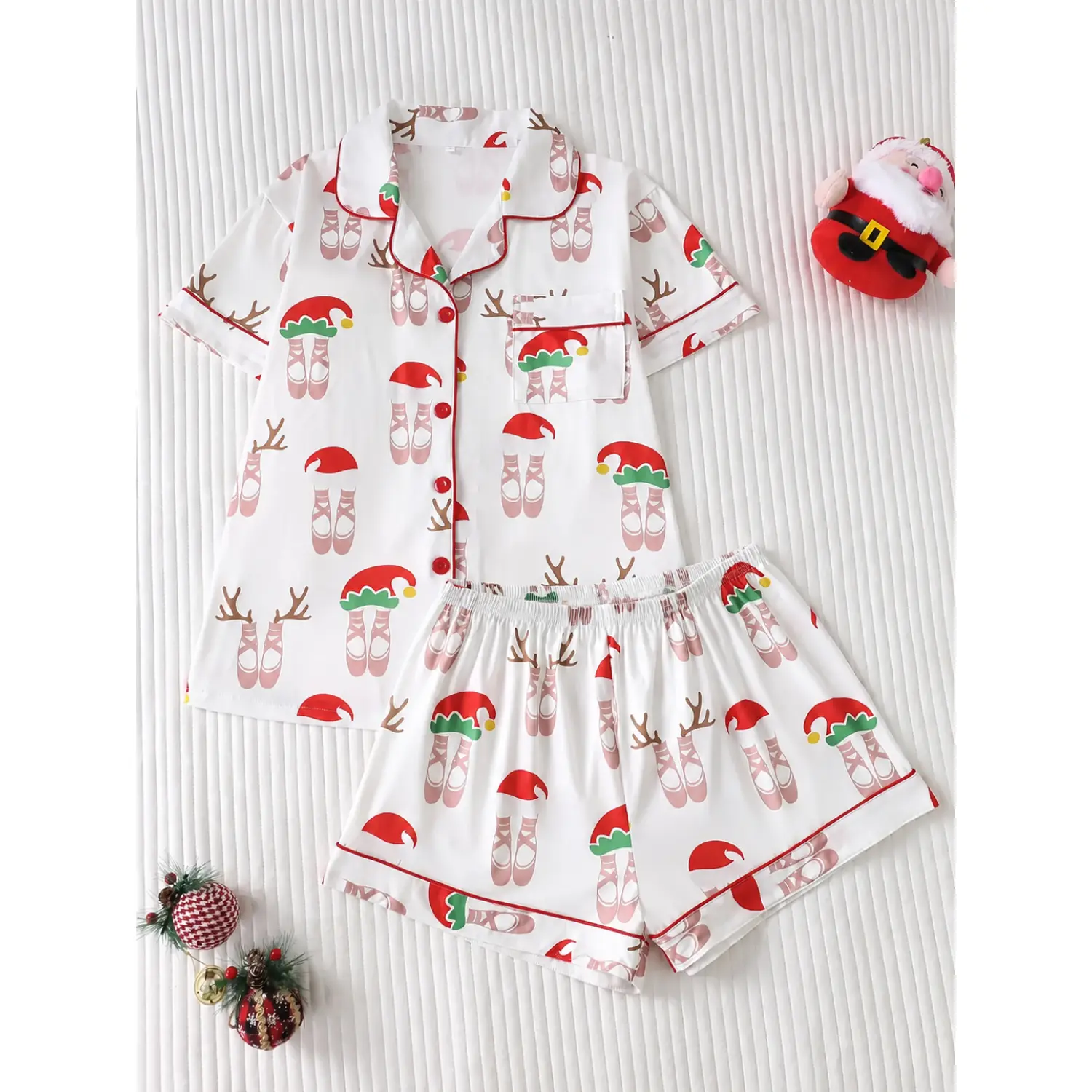 Women's Pajama Set with Deer Antler Beanie and Ballet Shoe Print, Short Sleeve Fitted Top and Relaxed Shorts, Casual All-Season Loungewear