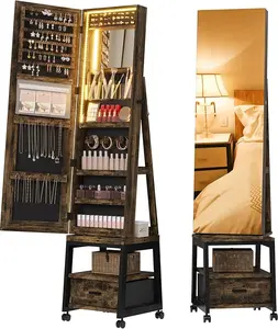 Mirror Jewelry Cabinet 360° Swivel Frameless Full-Length Mirror 66 Inch Tall Standing Lockable Jewelry Armoire Organizer Foldable Makeup Shelf 3 Storage Shelves 1 Drawer