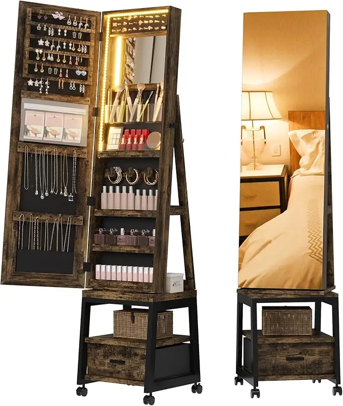 66-Inch Standing Mirror Jewelry Cabinet - 360° Swivel Frameless Full-Length Glass Mirror, Lockable Wood Jewelry Armoire Organizer with Foldable Makeup Shelf, 3 Storage Shelves, 1 Drawer, Velvet Lining, Safety Features, Light