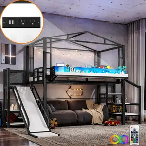 Twin/Full Size Loft Bed with Storage Stairs, Shelves and Built-in Wardrobe, Metal Loft Bed Frame with USB Ports and LED Lights, Noise-reduced Design, Black