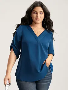 【Summer Turn-Up】【Essential】BlOOMCHIC Plus Size V Neck Plain Pleated Tab Sleeve Blouse Shirts Fit Womenswear Minimalist Summer Top [1x-6x] 2026 Summer Pick for Mother's Day