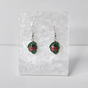 #508 Ladybug on Green Leaf Earrings, Casual Jewelry, Spring, Summer, Insect, Alloy, Stainless Steel Hooks
