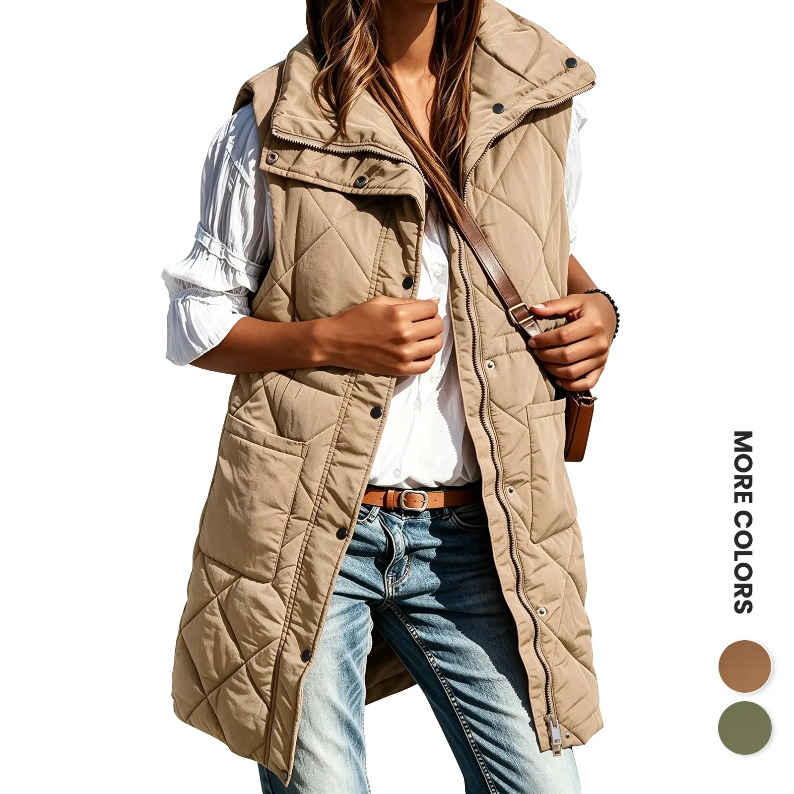 Renaishow Women's Lightweight Warm Long Padded Vest, Zip-Up Sleeveless Winter Outwear with Pockets, Casual Everyday Style