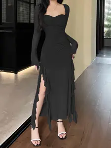 Plain Ruched Ruffle Trim Bodycon Dresses For Women, Elegant Sweetheart Neck Backless Semi-Sheer Split Thigh Dress Set For Party Dating, Ladies' Clothes For All Seasons, Women'S Clothing, Evening Gown