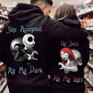 Jack and Sally She Accepted All My Dark He Sees All My Light Unisex Hoodie 2D S-5XL, Nightmare Couple Hoodie, Hoodies for Couple, Valentine’S Day Outfits, His And Hers Hoodie Unisex Fast Shipping Cotton